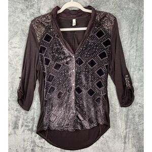 TINY Anthropologie Blouse Top Size Medium Brown‎ Burn Out Velvet Sequin Shirt